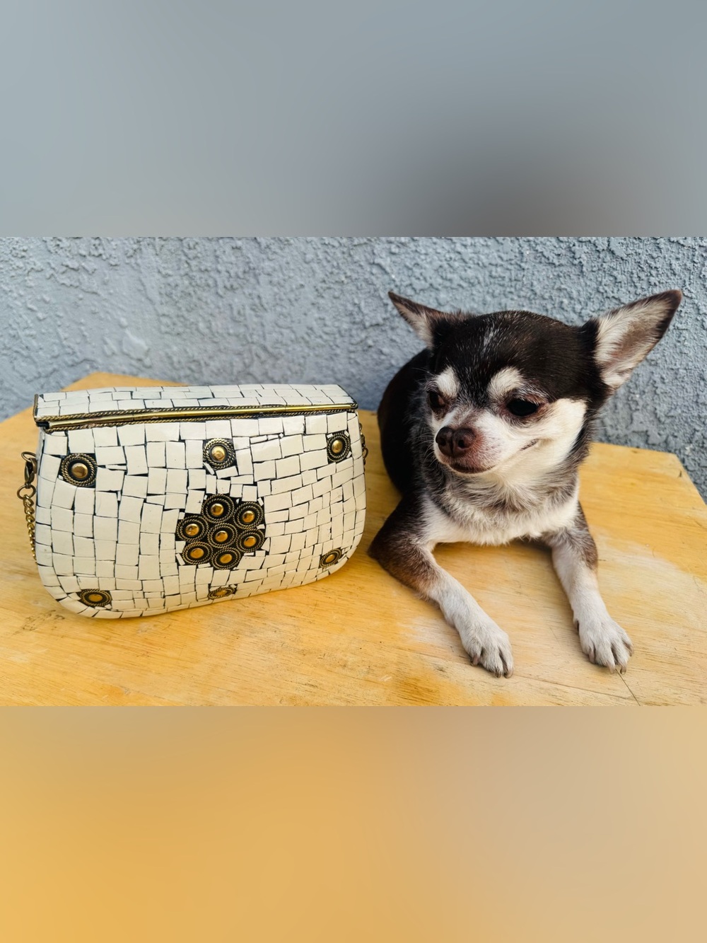 Antik Kraft Handmade White and Gold Mosaic Metal Clutch Bag |Artisanal Crossbody - Picture 9 of 9